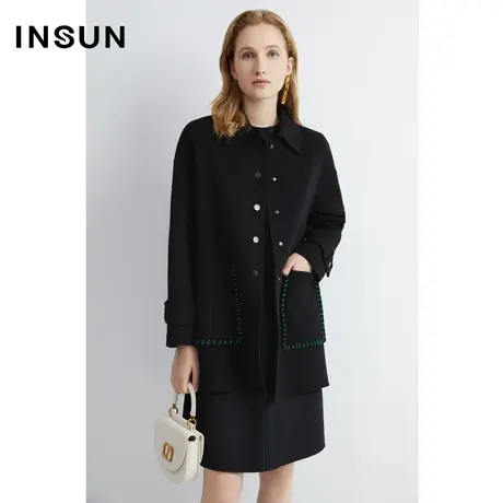 INSUN恩裳冬季撞色线羊绒毛呢外套图片