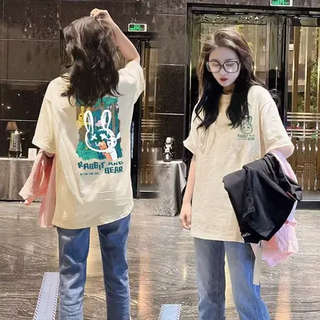 欧货中长款短袖t恤女宽松纯棉上衣2023夏季新款oversize体恤ins潮商品大图