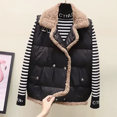 韩版休闲女短款棉马甲羊羔毛拼接棉背心宽松无袖棉衣外套马夹韩范图片