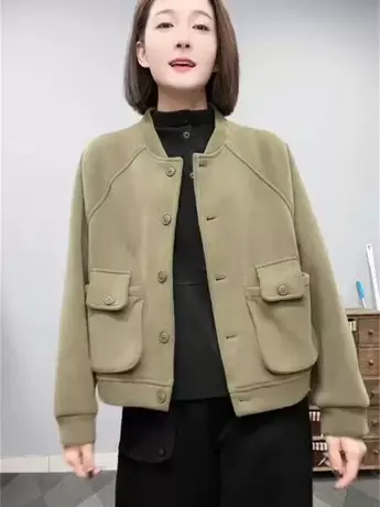 欧货2023冬季新款加绒时尚文艺气质百搭棒球领纯色加厚短款外套潮商品大图