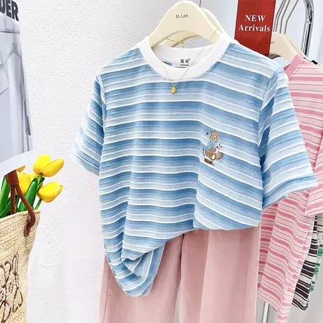 韩国东大门短袖上衣2023夏季ins日系学院风小熊清爽蓝色条纹T恤衫图片