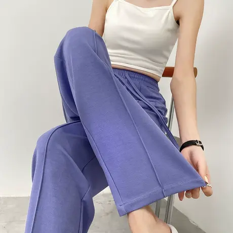 紫色窄版阔腿西装裤女夏季薄款松紧腰宽松高腰显瘦垂感休闲长裤子图片