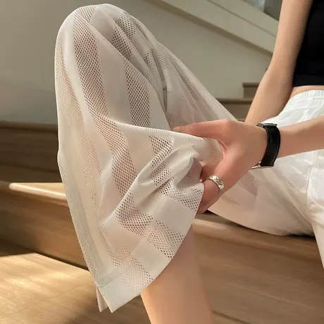 白色开叉阔腿裤女夏季薄款高腰垂感直筒宽松休闲镂空防晒拖地长裤商品大图