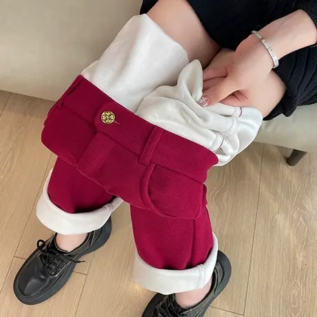 毛呢加绒酒红色阔腿裤女冬季新款高腰西装裤加厚呢子直筒休闲长裤商品大图