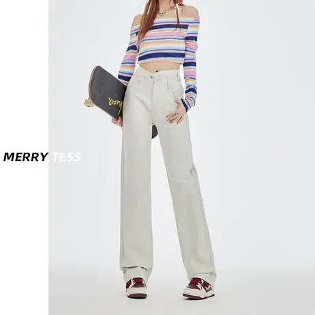 沙白色窄版直筒牛仔裤女秋季2023年新款春秋不规则交叉显瘦阔腿裤图片