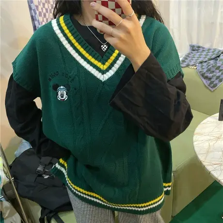 秋冬新款韩版撞色学院风盐系少女软妹可爱刺绣背心马甲毛衣针织衫商品大图