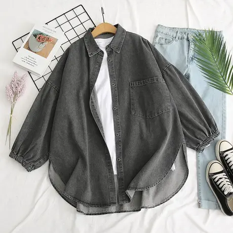 2020秋季新款韩版复古港味宽松灯笼袖牛仔衬衫女个性中长款外套潮商品大图