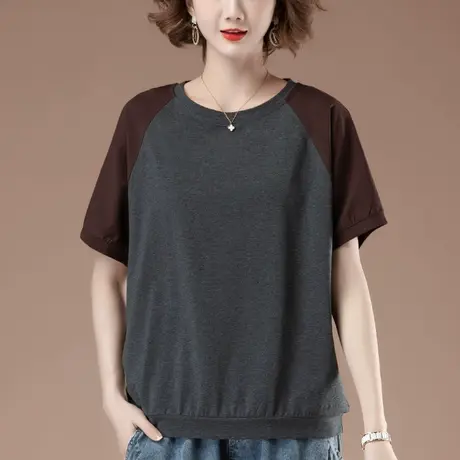 加肥加大码短袖t恤女夏季新款宽松纯棉中年妈妈撞色拼接显瘦体恤商品大图