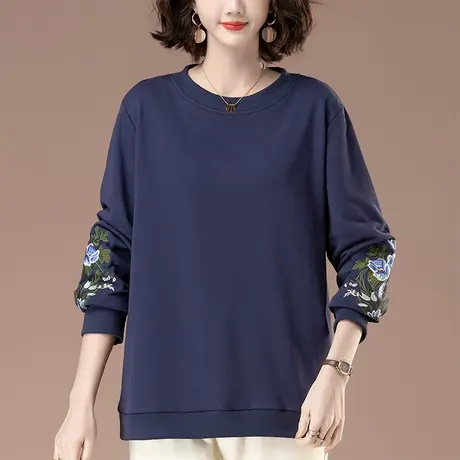 薄款卫衣女春秋新款加肥加大码女装宽松中年妈妈刺绣百搭显瘦上衣商品大图