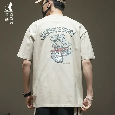 希越潮牌ins后背印花短袖t恤男薄款2024夏季新款宽松大码打底上衣商品大图