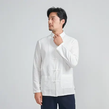 白衬衫男长袖秋季纯棉中式潮流立领大码男装复古宽松男士休闲衬衣商品大图