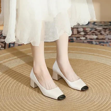 法式粗跟小个子高跟鞋女2024新款浅口通勤方头软皮单鞋职业工作鞋图片