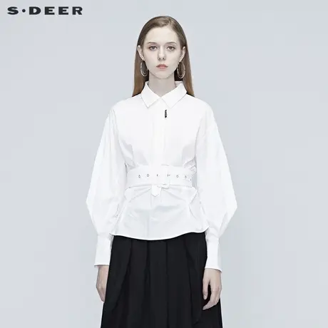 sdeer圣迪奥女翻领褶皱拼接腰带泡泡袖雪纺通勤衬衫S20380502图片