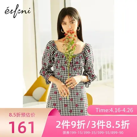 伊芙丽连衣裙女春夏新品时尚格纹个性刺绣中长收腰裙子1C3990071图片