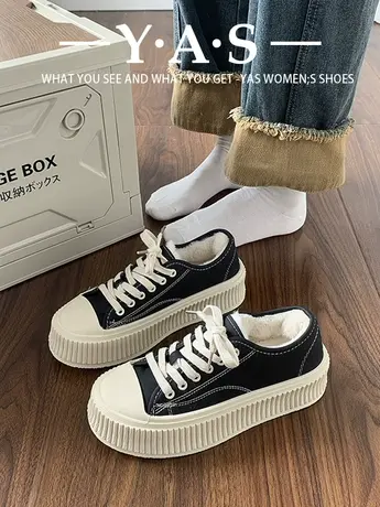 厚底加绒饼干鞋女2023秋冬新款超火松糕小白鞋休闲运动毛毛板鞋潮商品大图