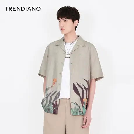 TRENDIANO官方春夏季男装官方潮牌新款时尚翻领亚麻短袖古巴衬衫商品大图