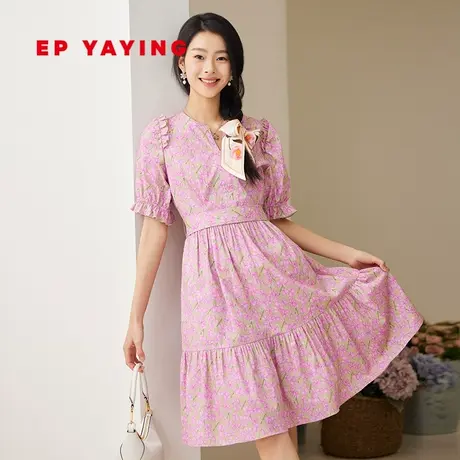 EP YAYING雅莹女装 纯棉印花V领泡泡袖连衣裙 2023新款4620A图片