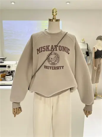 美式复古字母秋冬百搭简约加绒加厚保暖圆领套头卫衣女外套小个子商品大图