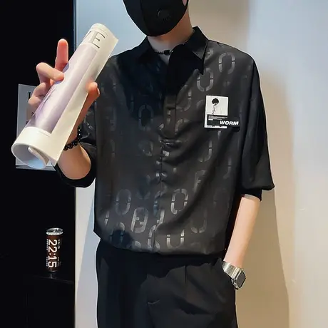 夏季男短袖字母衬衫宽松七分袖中袖潮流休闲帅气百搭潮牌花色衬衣商品大图
