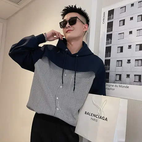 美式复古重磅卫衣男春秋款潮牌hiphop高街连帽衫拼接条纹套头外套商品大图