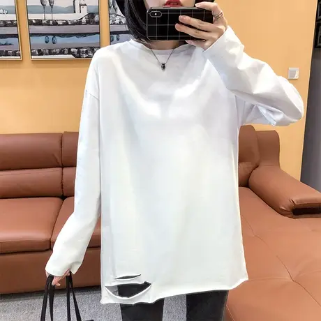 白色破洞长袖T恤女2023秋装新款休闲百搭宽松上衣中长款内搭体恤商品大图