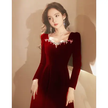冬季敬酒服新娘2023新款大气高定红色晚礼服女年会长袖高级感丝绒商品大图