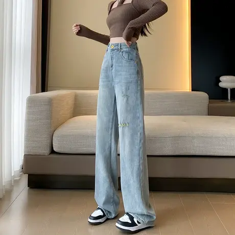 高腰阔腿牛仔裤女2024春秋新款蓝色破洞宽松显显瘦百搭直筒拖地裤图片
