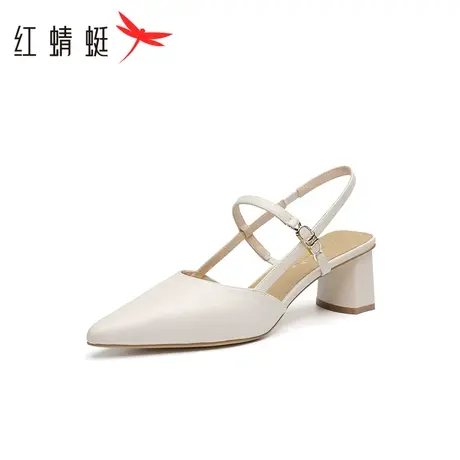 红蜻蜓粗跟时装凉鞋2023春夏新款女鞋法式尖头高跟鞋百搭真皮单鞋商品大图