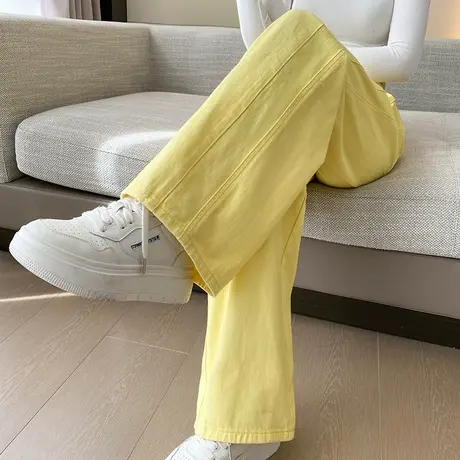 黄色阔腿牛仔裤女2024春秋新款高腰直筒宽松显瘦彩色垂感拖地裤子商品大图