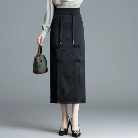 2024春季新款复古高腰包臀半身裙女气质中式修身中长款开叉一步裙图片