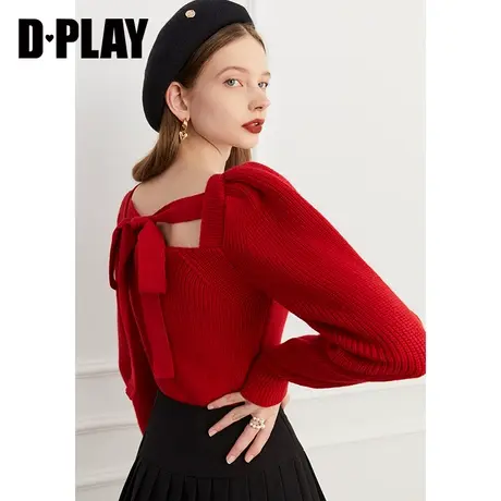 DPLAY秋季软糯罗兰绒泡泡袖系蝴蝶结复古红圣诞系列针织毛衣商品大图