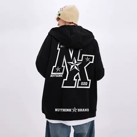 Nuthink美式oversize拉链宽松开衫星星卫衣男潮冬季大码帽衫外套商品大图