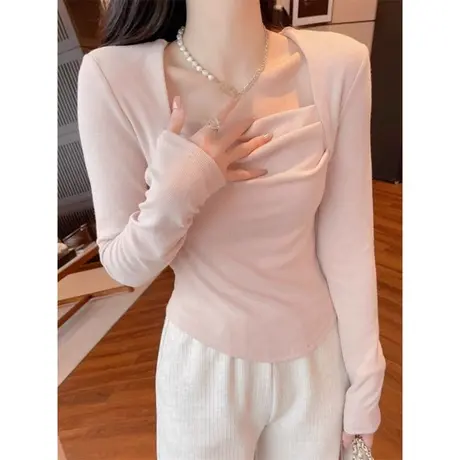 甜飒风方领露锁骨长袖T恤女早春秋季修身显瘦洋气内搭打底衫上衣商品大图