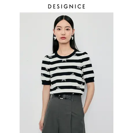 商场同款迪赛尼斯2024春季新款条纹通勤风简约圆领短袖毛针织衫女商品大图