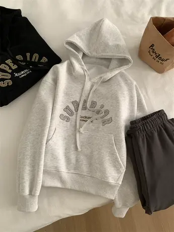 美式复古字母牙刷绣连帽卫衣女宽松休闲时髦百搭小个子套头上衣春商品大图