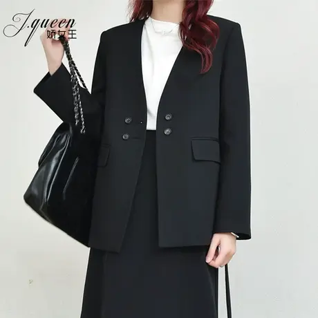 西装外套女2024春季新款气质通勤时尚高级感绑带收腰黑色小西服图片