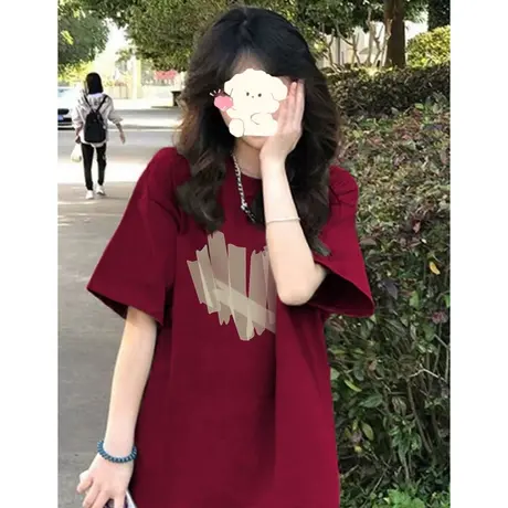 酒红色美式高街短袖t恤女夏港味chic复古小个子休闲宽松百搭上衣图片