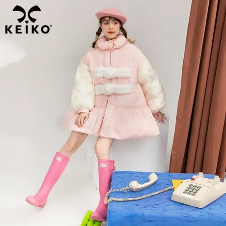 少女感拼色泡泡袖棉衣棉服女2022冬季新款甜美风粉色裙式棉袄外套商品大图