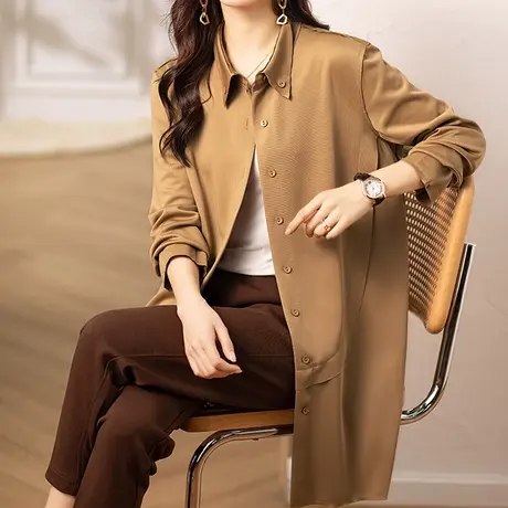 韩潮袭人复古港风POLO领中长款拼接外套百搭长袖上衣女图片