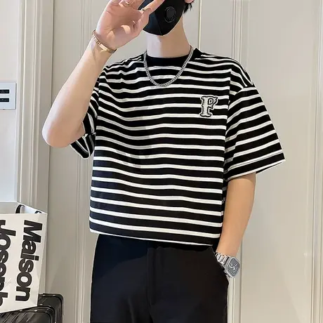 夏季短袖T恤ins轻熟休闲条纹打底上衣2024新款海魂衫圆领半袖体恤商品大图
