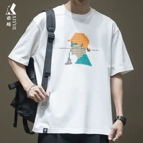 像素风龟裂纹复古短袖T恤男春夏重磅230g宽松大码打底衫男士体恤商品大图