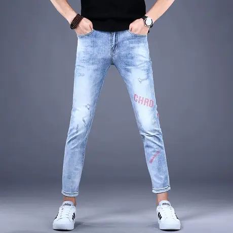 2023新款男士九分印花牛仔裤男秋款男款9分休闲修身小脚裤子韩版图片