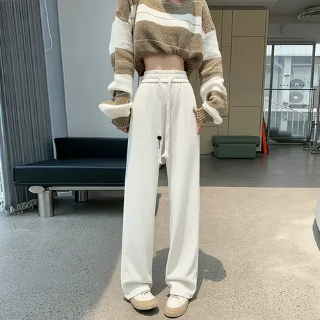 米白色休闲裤女春秋2024新款高腰显瘦宽松垂感直筒拖地阔腿裤子女图片