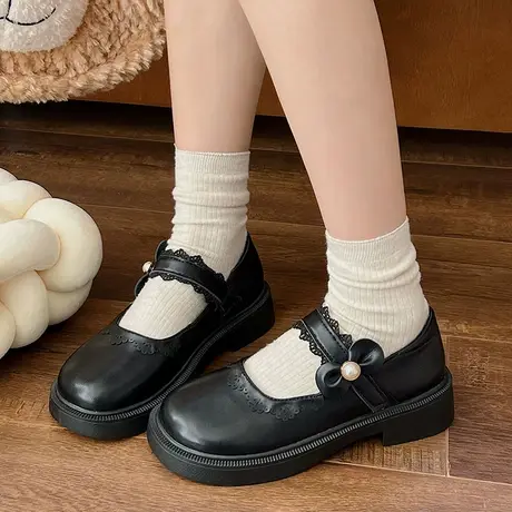 法式玛丽珍鞋女2024年春夏季新款复古蕾丝浅口单鞋粗跟英伦小皮鞋商品大图