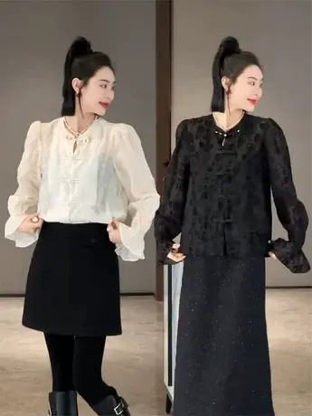 新中式国风提花长袖衬衫女2024春季宽松洋气设计感盘扣喇叭袖衬衣图片