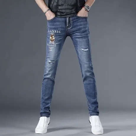 春夏季新款蓝色男士刺绣牛仔裤男款浅色修身弹力男小脚裤子潮破洞商品大图