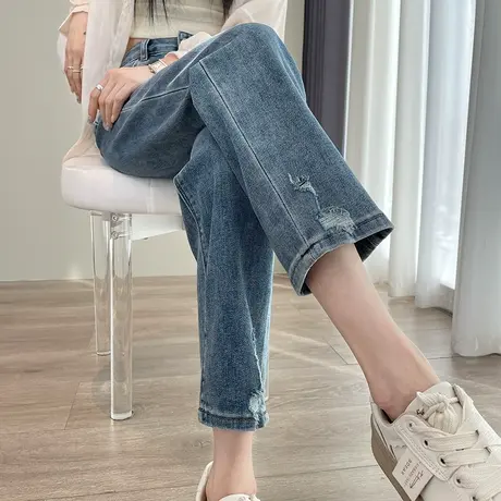 窄版直筒牛仔裤女春夏新款高腰宽松显瘦小个子八九分烟管法棍裤潮商品大图