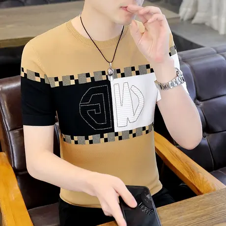 男式夏季潮牌短袖t恤高端冰丝针织打底衫ins重磅烫钻半袖衣服体恤商品大图