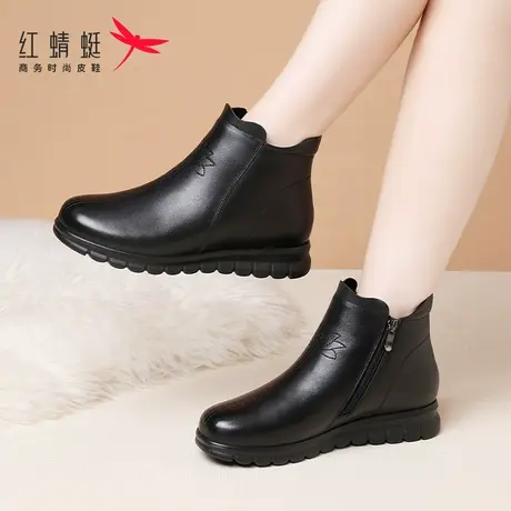 红蜻蜓冬季女鞋平底靴子女短靴中筒棉靴真皮加绒保暖妈妈棉鞋冬天商品大图
