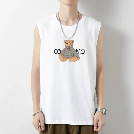 纯棉背心男士夏季薄款健身篮球跨栏运动坎肩小熊全棉白色无袖t恤商品大图